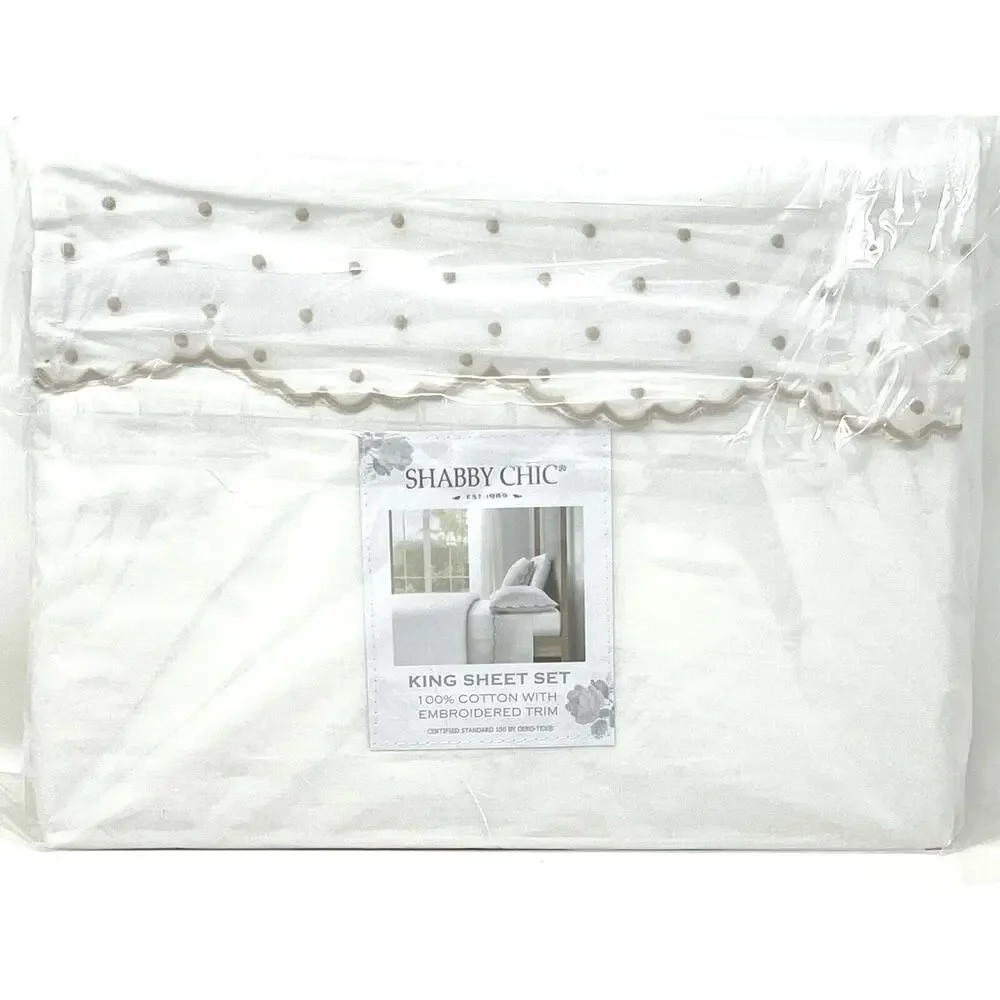 Shabby Chic Embroidered Cotton King Sheet Set Scallop Dot Natural Tan Beige Wht